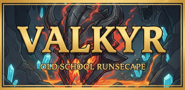 Valkyr Old School RuneScape banner in gold and blue, framed by a dragon and crystal scenery