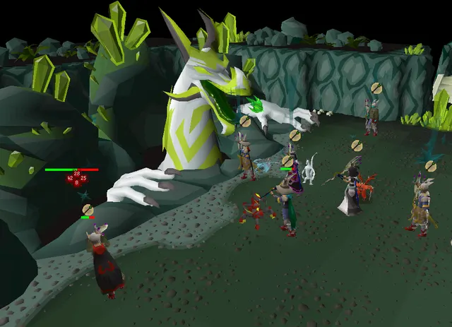 Old School RuneScape players fighting the Great Olm in the Chambers of Xeric